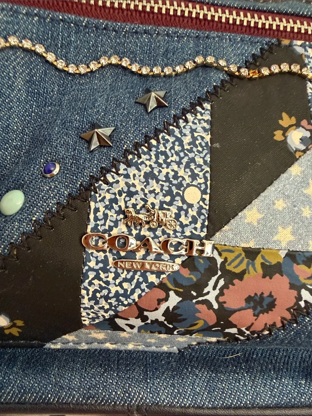 Authentic Coach Burgundy Leather/Denim mini backpack with patchwork/rhinestone
